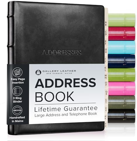 Gallery Leather Large Address Book with Alphabetical Tabs up to 480 Records, Leather Notebook Hardcover, Telephone and Address Books - 9x7, Desk Address, Acadia Black