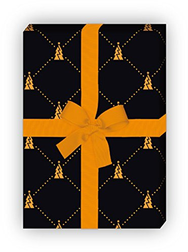 Kartenkaufrausch Grafik Weihnachtspapier Set, Dekor Geschenkpapier mit Weihnachtsbäumen Musterpapier, Designpapier zum Einpacken, basteln, 4 Bögen, 32 x 48cm, orange auf schwarz
