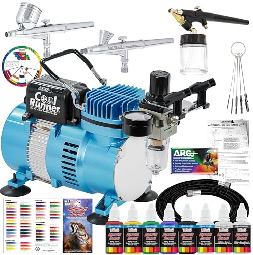 Master Airbrush Professionellt 3 Airbrush-system med kompressor och 6 färger primärfärgsset av Master Airbrush