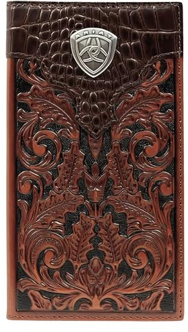 ARIAT Men’s Tooled Oak Front & Gator Print Top Shield Leather Rodeo Wallet