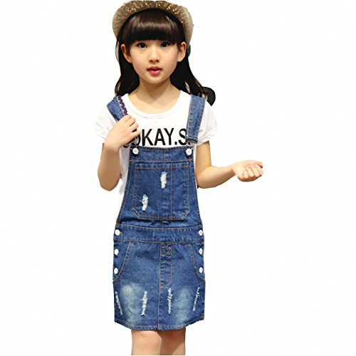 KIDSCOOL SPACE Salopette di Jeans da Bambina,Salopette di Jeans Regolabile Strappata