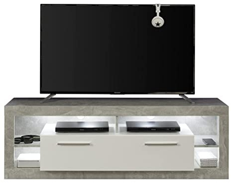 trendteam smart living - TV-Lowboard Fernsehschrank Fernsehtisch klein - Wohnen - Rock - Aufbaumaß (BxHxT) 150 x 48 x 44 cm - Farbe Stone mit Weiß Hochglanz - 182685035 | B 150 x H 48 x T 44 cm · optional mit LED-Beleuchtung · 1 Klappe, 4 offene Fächer, 2 Einlegeböden