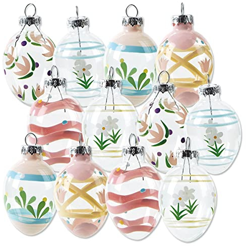 Lillian Vernon Hand Painted Blown Glass Easter Ornaments - Handcrafted Hanging Tree Decorations, Easter Egg Holiday & Party Decor, 2 in, Assorted, 12-Piece Set