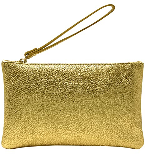 Parubi, Pochette Donna a Mano, In Vera Pelle Morbida, Made in Italy, Modello Aura, Borsetta Dorata Piccola Clutch con Laccetto da Polso Per Donna Ragazza Elegante, Oro Laminato