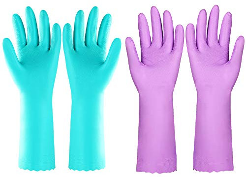 Elgood Reusable Washing up Gloves Latex Free Dishwashing Gloves with Cotton Lining, Non-Slip and Waterproof Cleaning Gloves for Kitchen 2 Pairs (Blue+Purple, L)