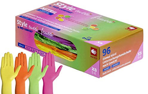 Nitril-Einweghandschuhe Tutti Frutti Style, 96 Handschuhe in Spenderbox, Farben Rosa, Orange Gelb und Grün, in den Größen S, M und L, M, 96