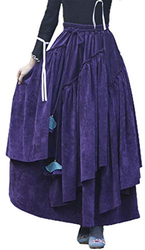 IDEALSANXUN Womens High Waist Aline Corduroy Flared Pleated Long Skirts(Purple, M)