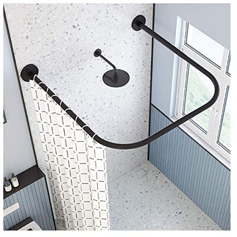 Curved Shower Rod Tension Curtain Rod No Drill Adjustable U Shaped Shower Curtain Rail Pole Holder with Bath Curtain, for Bathroom, Clothing Store, Dressing Room, Outdoor Shower