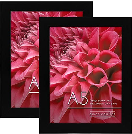 Americanflat A5 Marco de Fotos - MDF Madera Color Negro con Cristal Irrompible y Accesorios para Colgar y Pie - Marco Fotos Pared o Mesa con Visualización Horizontal o Vertical - Juego de 2 Unidades