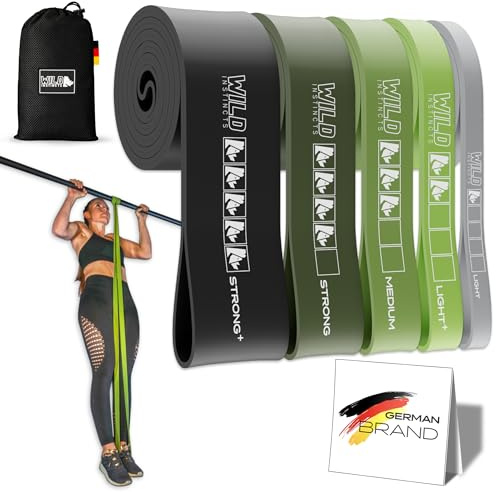 Wild Instincts Pull Up Band Light 1,3cm / Band für Klimmzüge, Fitnessbänder Set/Resistance Bands Set/Gummiband Sport/Widerstandsbänder für Crossfit & Stretching +Tasche +Trainings WebApp