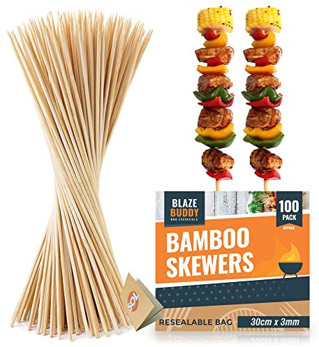 Blaze Buddy 100 pinchos de bambú de 30 cm | Pinchos de madera para barbacoa | Ideal como brochetas de kebab y pinchos para barbacoa | Palos de kebabs | Palos largos para barbacoa | Brochetas de madera