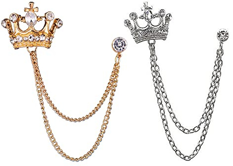 CAREOR 2 Stück Krone Brosche Hängende Kette Brosche mit Gravur Metall Kristall Brosche Anzug Stud Revers Pin Vintage Strass Brustnadel Hochzeit Brosche Pin Gold und Silber, Metall