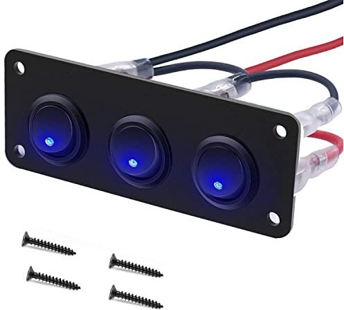 RUNCCI-YUN 12V/24V Schalter Panel,3 Gang ，Auto Kippschalter Panel, SPST 3 Polig 2 Position Runden Wippschalter Kippschalter Panel mit Blaue LED Licht für RV, Auto, Yacht, Marine ( 12-24V)