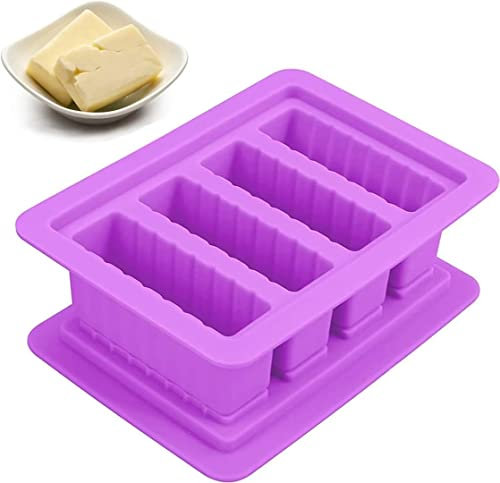 Norhogo Molde de silicona para mantequilla con 4 cavidades, con tapa rectangular y mantequilla, molde grande de silicona con tapa para palitos de mantequilla y tartas de queso, 4 cavidades (morado)