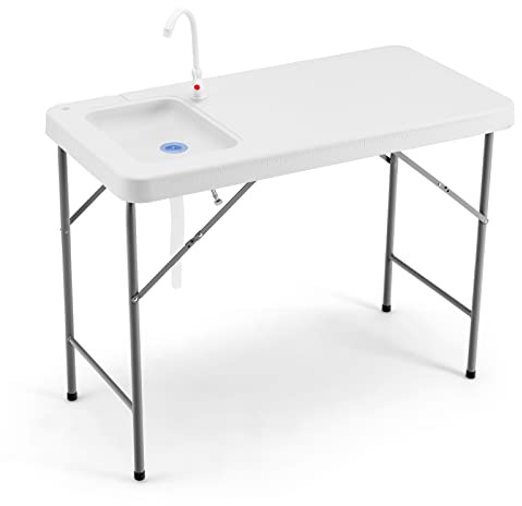 GYMAX Mesa de Camping con Fregadero y Grifo, Mesa de Fileteado, Mesa de Limpieza de Pescado, Plegable con Escala de Medición, Fregadero de Jardín, para Camping, Pesca