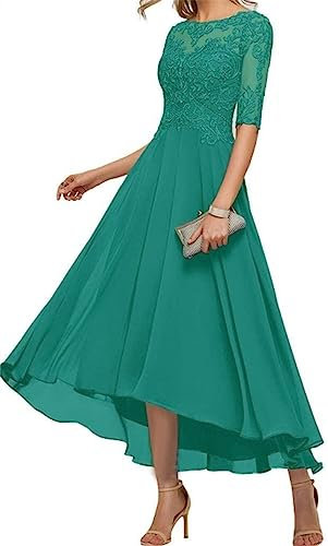 Dentelle Appliques Mère de la Robe de Mariée Manches 3/4 Longueur de Thé Mousseline de Soie Soirée de Mariage Formelle Robes de Bal pour les Femmes, Vert d'eau, 58