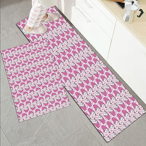 Küchenläufer Küchenmatte 2 Stück 45x70cm+45x120cm,Einhornparty, Girly Horses mit Hörnern auf Sternen Hintergrund Kindhei,Rutschfest Pflegeleicht, Anti-Müdigkeit Küchenteppich Teppich Läufer für Küche