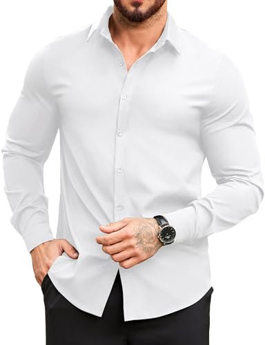 COOFANDY Mens Regular Fit Long Sleeve Dress Shirts Non Iron Plain Stretch Casual Formal Shirt White XL
