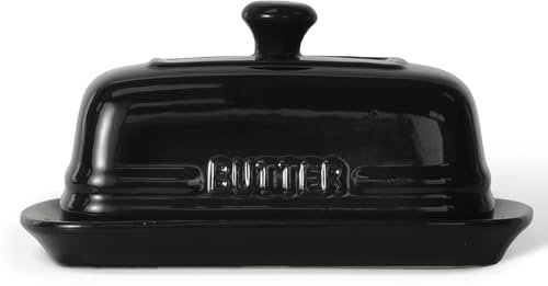 MAIA Burriera in ceramica con coperchio per piano di lavoro, 12,7 x 19,1 cm, grande contenitore per burro nero, vassoio per 2 bastoncini spalmatore di burro sul piano di lavoro della cucina, piatti