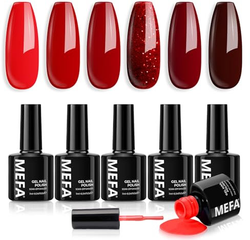 MEFA UV Nagellack Rot, 6 Stück Glitzer Rot Farben 7 ML Soak Off UV LED Gel Nagellack Set für Gelnägel Nail Art Kit Maniküre Nageldesign Nägel Selber Machen