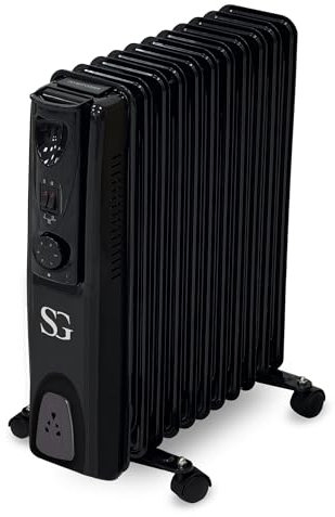 SG Traders Oil Filled Radiator - 2500W Energy Efficient Electric Oil Filled Heaters, Free Standing 11 Fin Radiator, Smart Thermostats, 3 Heat Setting for Indoor Home Heating (BLACK)