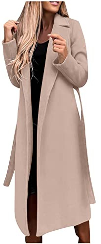 Trench lungo da donna elegante tinta unita cappotto di lana a maniche lunghe, giacca invernale sottile, giacca a vento con cintura, autunno inverno, giacca a vento, beige., s