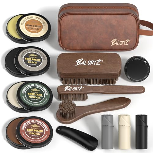 BALORIZ Shoe Shine Kit For Men & Women, 13Pcs Leather Shoe Polish Kit Christmas Gifts with Shoe Polish, Mink Oil, Horsehair Brush for Leather Boot Shoe Care Kit Mens Dad Birthday Gifts Ideas