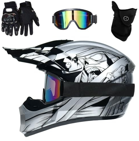 Casco Integral AnticolisióN Para Motocicleta Todoterreno, Aprobado Por DOT, Para JóVenes Y Adultos, Para Motocross, Descenso, BMX, MontañA, con Gafas, Guantes Y Protector Facial(Silver Samurai,S(52-53