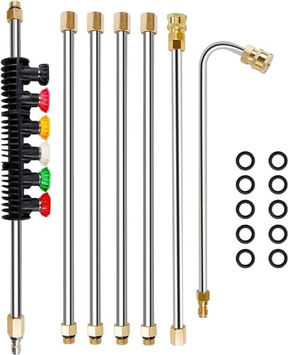 Lance de rechange pour nettoyeur haute pression ExSet, 2,3 m, raccord rapide 6,35 mm, tige de nettoyage de gouttières 4 000 psi, lance de nettoyage de toit avec 6 embouts de buse et 10 anneaux en ca