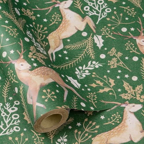RUSPEPA Weihnachtsgeschenkpapierrolle für Damen und Herren, Mini-Rolle, grünes Rentier- und botanisches Laub-Design, elegantes Kraftpapier für Weihnachten, Feiertage, Winterparty, 43,2cm x 5m
