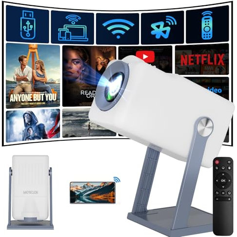 Vidéoprojecteur Mini Projecteur WiFi 6 & BT5.0, Android 11, Correction Automatique Verticale + Haut-Parleurs, retroprojecteur Rotation 360°