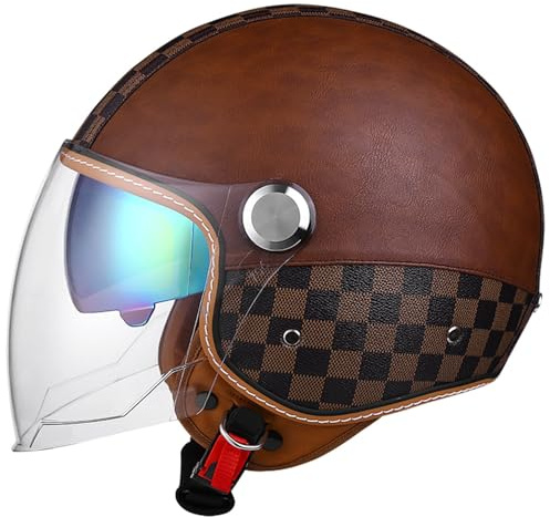 VVPEC retrò Pelle Casco Motociclista Caschi Jet E Demi-Jet con Doppia Visiera Vintage Casco A Mezzo Aperto Moto Adulti Uomini E Donne Omologato ECEDOT per Bici Scooter Chopper Cruiser(2,M=57~58cm)