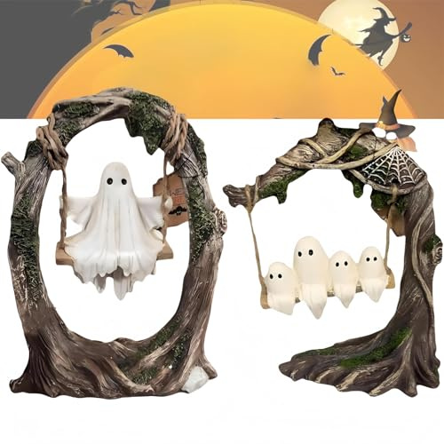 Ghost on a Tree Swing, Cute Halloween Swinging Shadows, Funny Ghost Tree Swing Decor, for Desktop Bookshelf Garden Patio Lawn Halloween Decor (A+B)