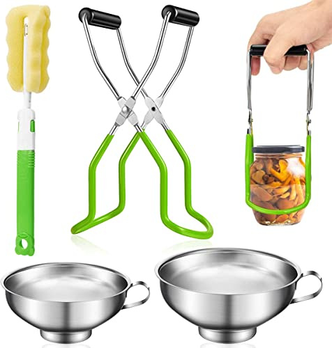 4Pcs Canning Funnel Set, 10cm & 14cm Jam Funnel for Wide Mason Jars, Including Stainless Steel Canning Jar Lifter, Grip Handle and Cleaning Brush for Transferring Liquid and Dry Ingredients