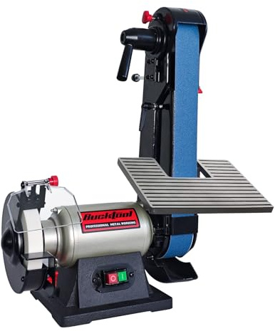 BUCKTOOL 350W Bandschleifer und Schleifbock, 50 x 1067mm Kombischleifer | 18,7 m/s Bandgeschwindigkeit, 2980 U/min und 150mm Schleifscheibe zum Messerschärfen sowie für Holz- und Metallbearbeitung