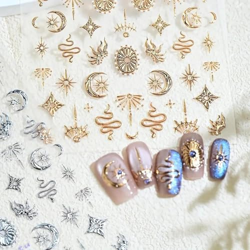 OuryTech Nagelsticker, 2 Stück Gold Boho Nail Sticker Selbstklebend, 5D Stern Mond Sonne Schlange Design Nagelaufkleber für Frauen DIY Nagelkunst Dekoration