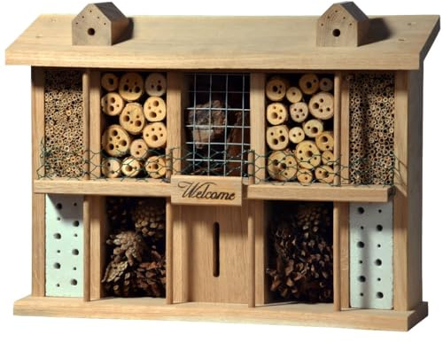 LUXUS-INSEKTENHOTELS 22625e Landsitz Superior aus massivem Eichenholz - Design Wildbienenhotel - Insektenhaus für Nützlinge - Wildbienenhaus für Garten/Terrasse/Balkon - 47 x 12,5 x 34 cm - Natur
