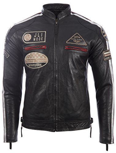 Véritable veste de motard en cuir pour hommes avec col de bande et badges par MDK, Noir, XXXX-Large / 4XL / Poitrine=46 Inches