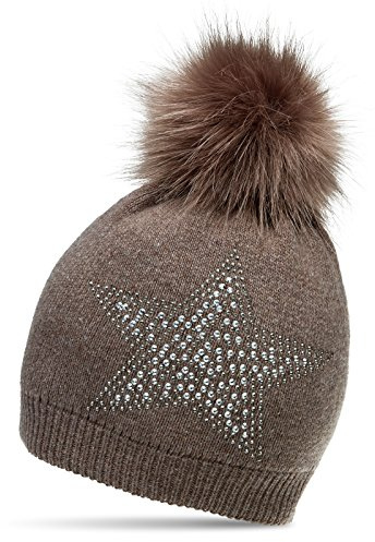 Caspar MU159 Damen Fein Strick Winter Mütze mit Fellbommel und Glitzer Strass Stern