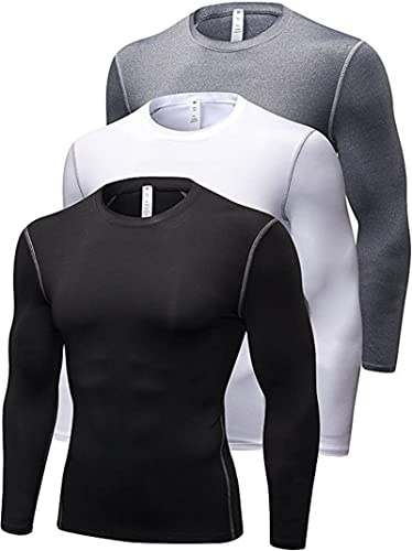 SANANG Pack de 3 Camisetas de Compresión para Hombre, Camisetas de Manga Larga de Secado Rápido para Correr