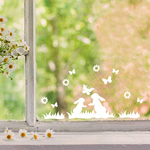 Fensterbilder Fensterbild Hase Reh Blumen Schmetterlinge wiederverwendbar Frühling Frühlingsdeko Ostern Fensterdeko M2456 - ausgewählte Farbe: *weiß* ausgewählte Größe: *7. Zwei Hasen im Gras*