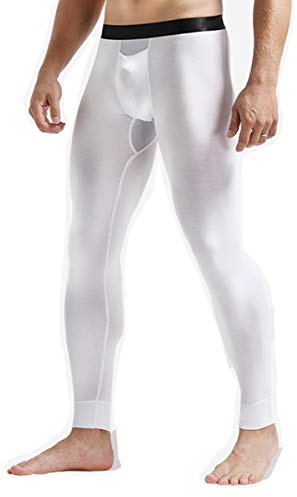 Ouruikia Men's Thermal Underwear Pants Modal Thermal Bottoms Long Johns Pants Underwear with Separate Pouch (White(only Bottom), US Large)