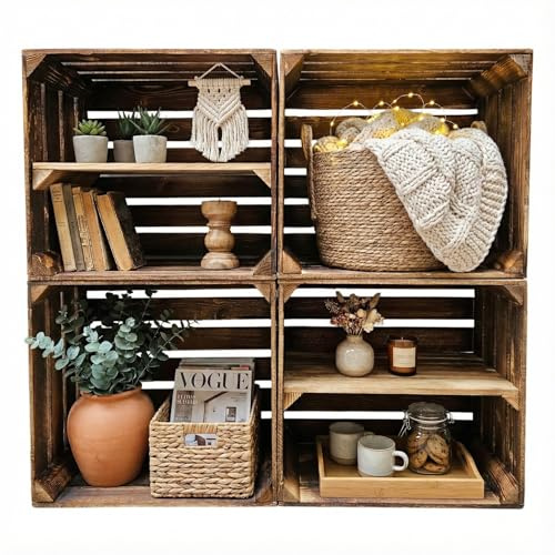 Teramico Holzkisten geflammt Vintage Deko (4er Set / 2 x Boden Lang) | Stabile Weinkisten für den kreativen Möbelbau. Obstkisten als Sets toll kombinierbar zur Dekoration & Aufbewahrung.