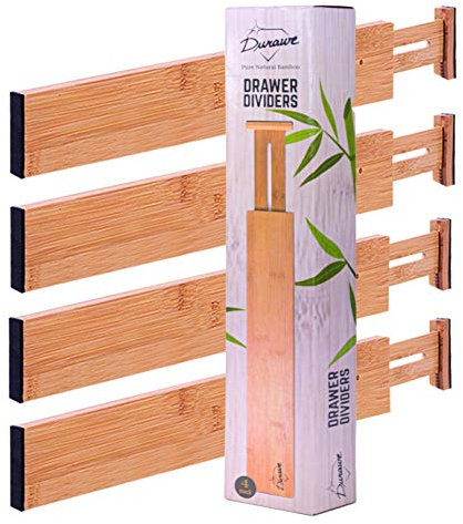 Drawer Dividers Bamboo Kitchen Organizers Set of 4 - Spring Loaded Drawer Organiser Adjustable & Expandable Drawer Organizer - Best for Kitchen, Bedroom, Dresser, Baby Drawers & Closet (12-17)