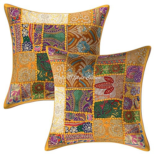 Stylo Culture Ethnico Funda Almohadon Decorativos 40x40 cm Algodón Floral Fundas para Almohadones Silla Amarillo Mango Patchwork Vintage Cuadrado sobre Fundas para Almohadas De Cama - 2 Pcs