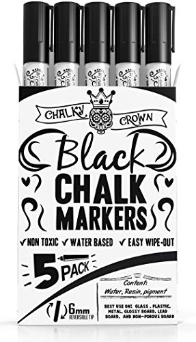CHALKY CROWN Liquid Chalk Marker Pen - Dry Erase Marker - Chalk Markers for Chalkboard Signs, Windows, Blackboard, Glass - 6mm Reversible Tip (Black, 5 Pack)