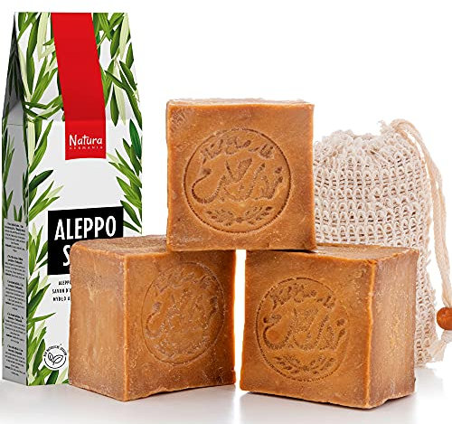 Natura Germania® 3x je ca. 200 gr (ca. 600 gr) original Aleppo Seife Set 90% Olivenöl / 10% Lorbeeröl + Sisal Seifensäckchen | Bekannt aus dem Öffentlich-rechtlichen - Naturseife
