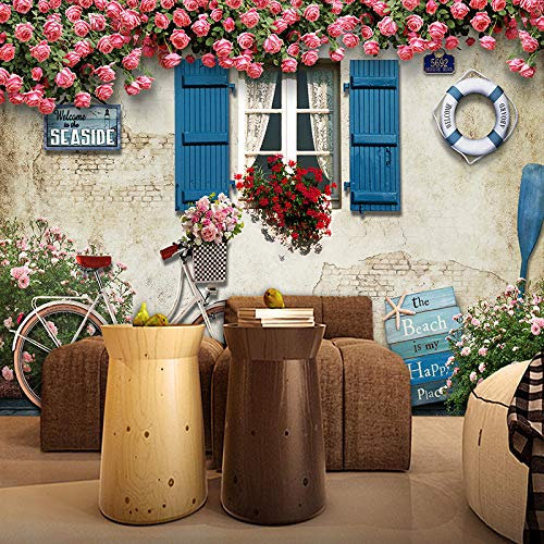 Fotomural Moderno Mediterráneo Ventana Rosa Ladrillo Murales De Pared Restaurante-350Cmx245Cm