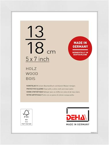 DEHA Design Holz Bilderrahmen Fontana, 13 x 18 cm, Weiß | Holz Fotorahmen im Hoch- & Querformat zum Auftstellen Weiß matt bruchsicheres Kunstglas