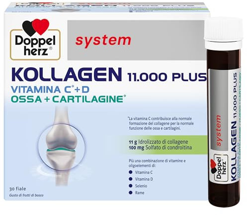 Doppelherz system KOLLAGEN 11000 PLUS - Integratore Alimentare per Ossa, Articolazioni e Tendini con Collagene, Vitamine, Oligoelementi e Altro - Senza Glutine e Lattosio - 30 Fiale